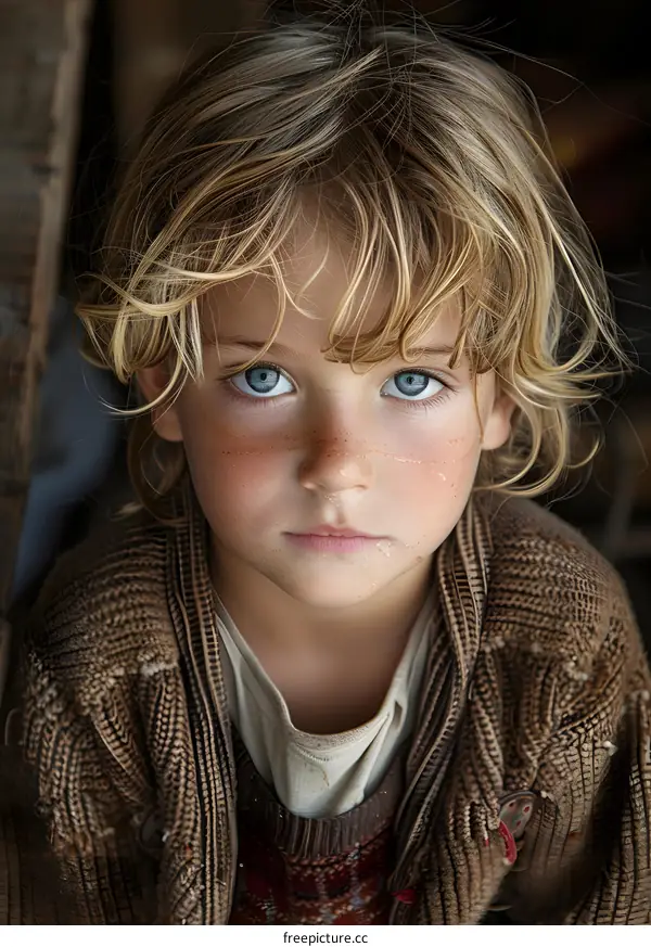 Portrait of a young boy with blond hair and blue eyes