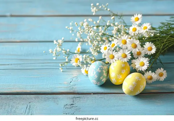 Pastel Easter Eggs and Daisies on a Light Blue Wooden Background
