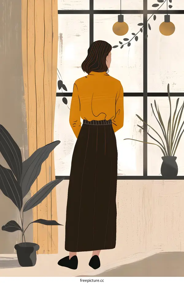 Woman in Yellow Shirt Looking Out Window