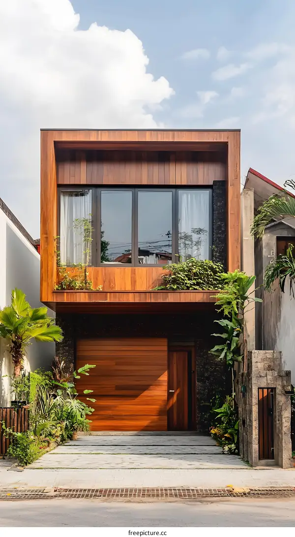 Modern Wooden House with Garage Door and Front Yard