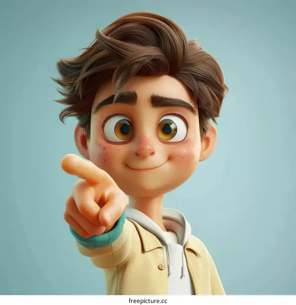 a cute 3d cartoon boy pointing at you