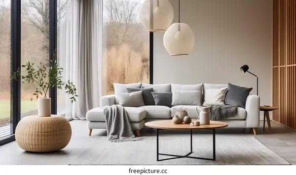 Modern minimalist living room interior design with large windows and comfortable sofa