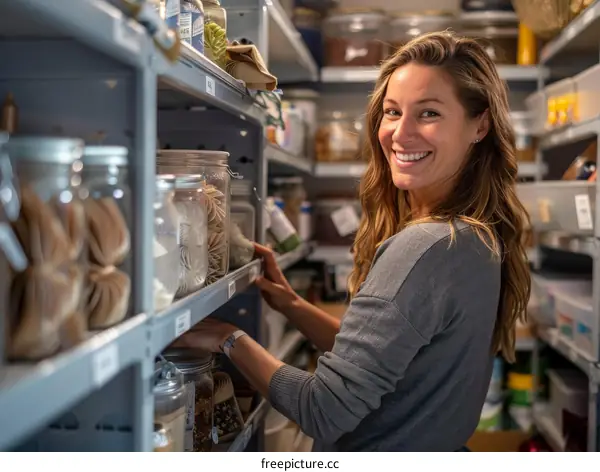 Portrait of a smiling young woman organizing her pantry