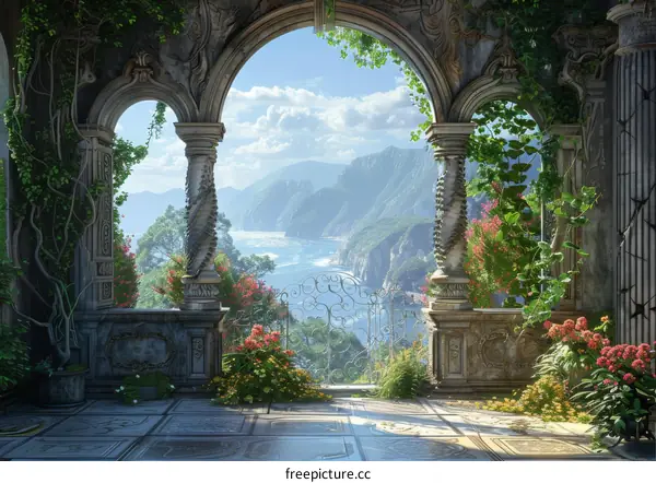 Fantasy Landscape with Archway and Flowers