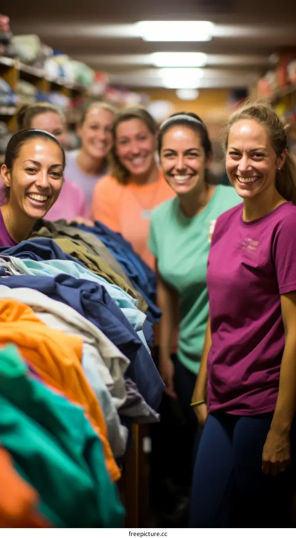 Five young women smile while standing behind a table full of folded clothes.