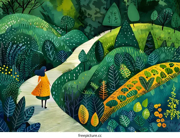 Woman Walking Through Lush Green Forest Path