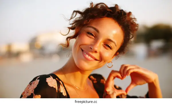 Smiling Woman Making Heart Shape with Hands Outdoors