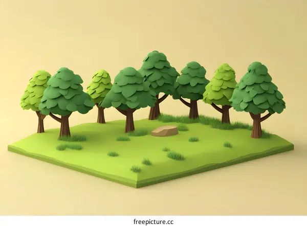 Low Poly 3D Illustration of a Green Forest with Brown Trees and Grass on a Yellow Background