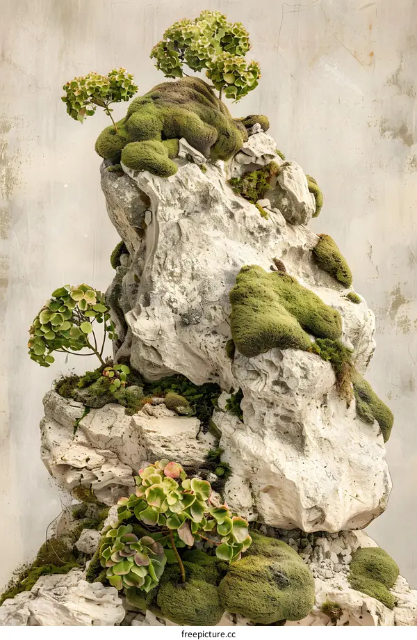 Green Plants Growing On Large Rock