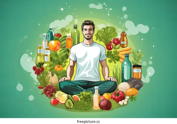 Man Meditating with Healthy Food