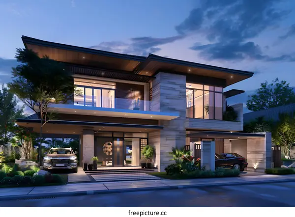 Modern House Design with Stone Facade and Large Windows