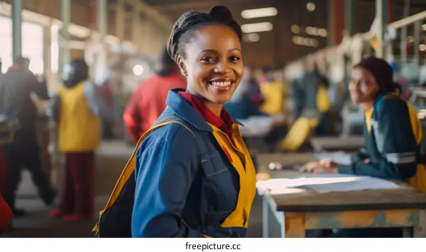 Portrait of a smiling African woman wearing a blue jumpsuit in a factory