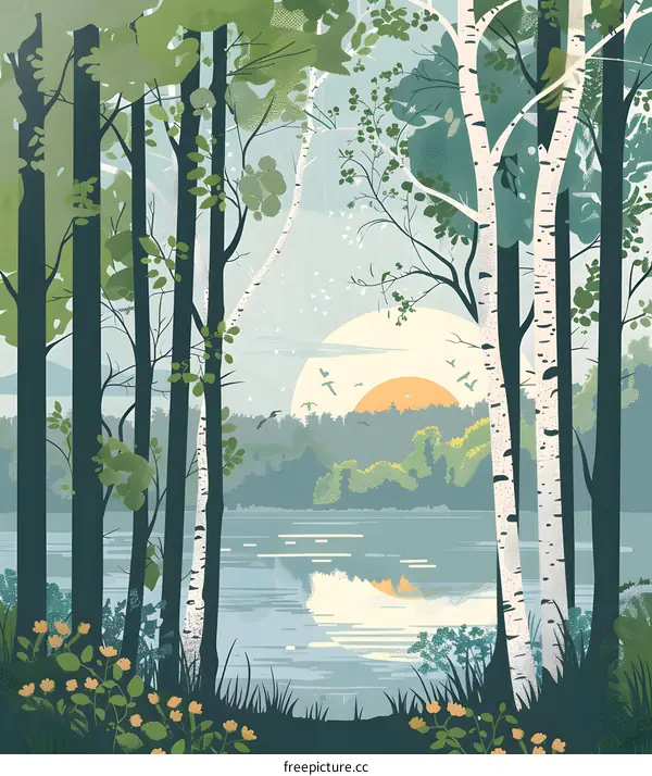 Sunrise Over Birch Forest and Lake