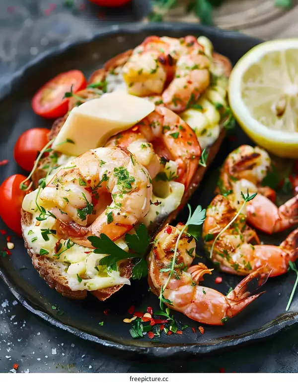 Grilled Shrimp and Lemon on Toast with Tomato