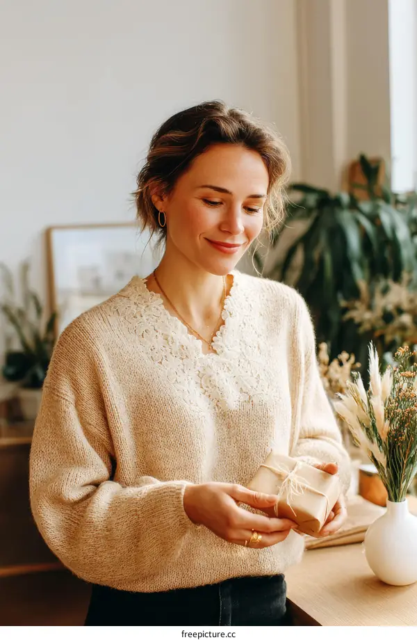 Woman Holding a Gift Box in a Cozy Interior