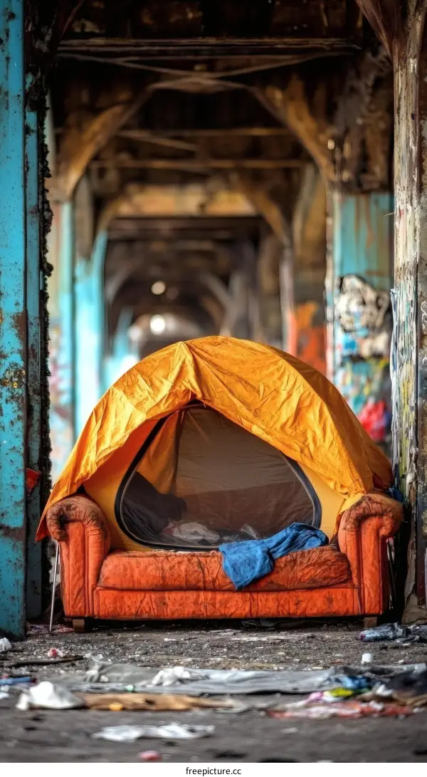 Homeless Person Sleeping in a Tent Made of Sofa in Abandoned Place