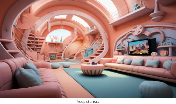 Retro futuristic living room interior design