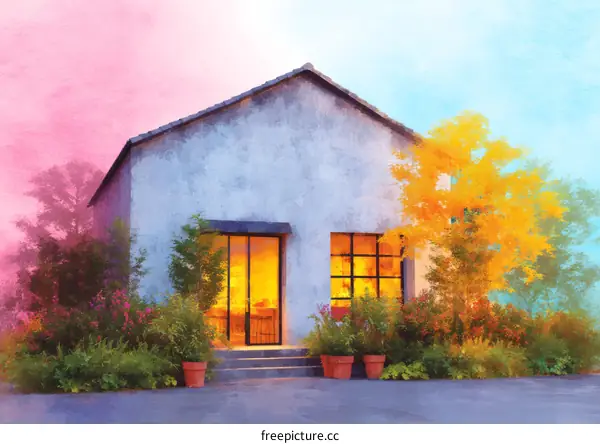 Rustic Farmhouse with Autumnal Garden Illustration