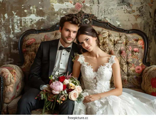 The bride and groom are sitting on the sofa