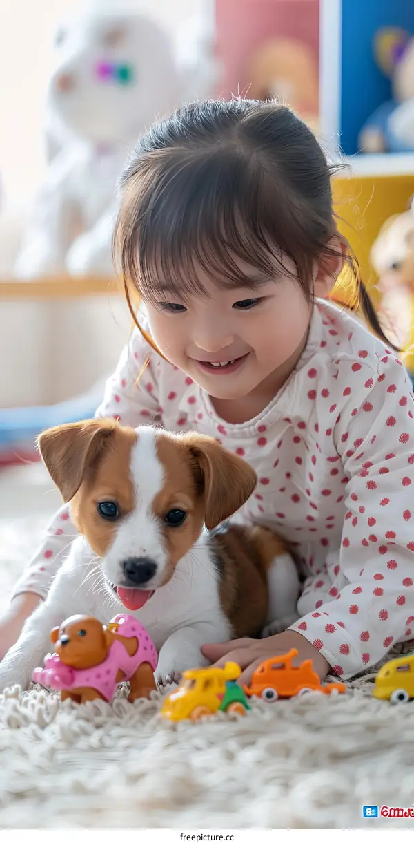 Little girl playing with a puppy