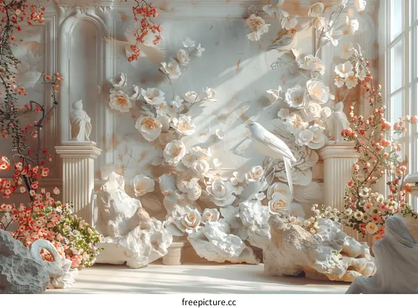 flowers and birds in the marble background