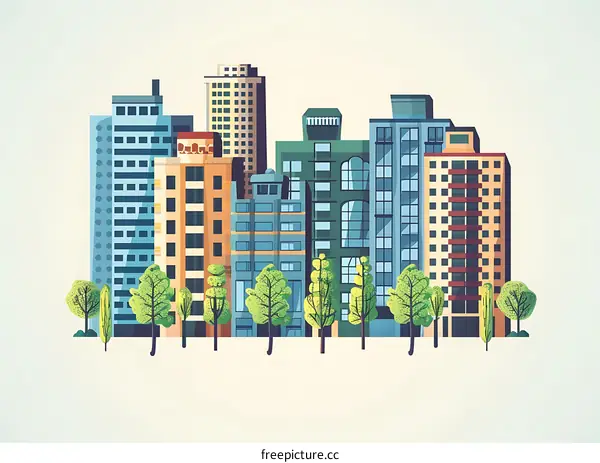 Cartoon Cityscape with Skyscrapers and Trees Illustration