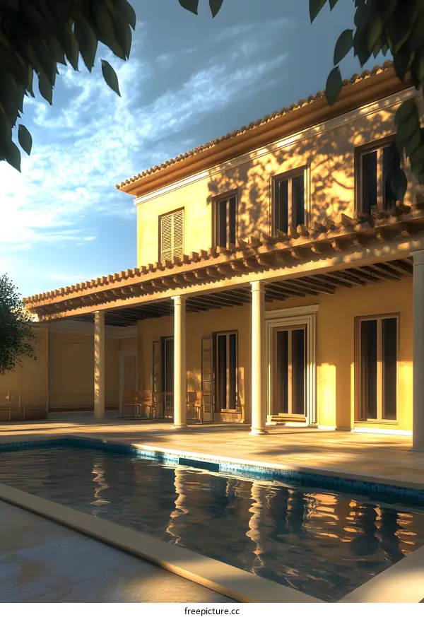 Yellow Villa with a Pool and a Pergola