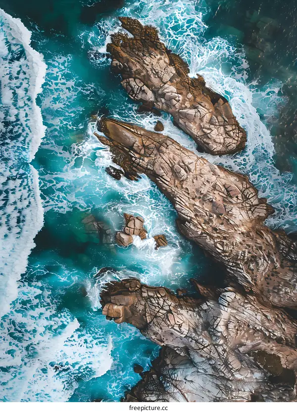 Aerial View of Ocean Waves Crashing Against Rocky Coastline
