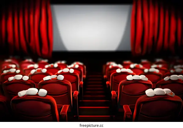 Empty Movie Theater Seats With Red Curtains