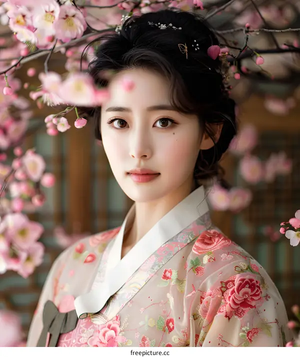 Portrait of a beautiful young woman in a traditional Korean hanbok dress standing in a field of cherry blossoms.