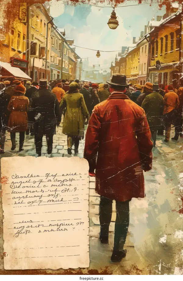 City street with a crowd of people in the early 20th century