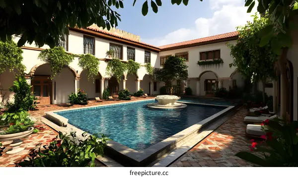 Courtyard with Pool and Fountain in a Mediterranean Villa