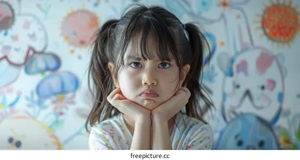 Little girl with ponytail holding her face with both hands