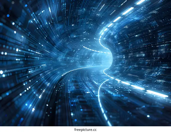 Abstract Blue Digital Tunnel with Lines and Lights