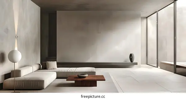 Modern Minimalist Living Room Interior Design With Grey Walls And Wooden Coffee Table