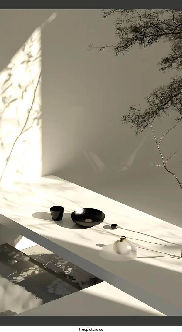 Minimalist Still Life with Japanese Tea Set and Sunlight
