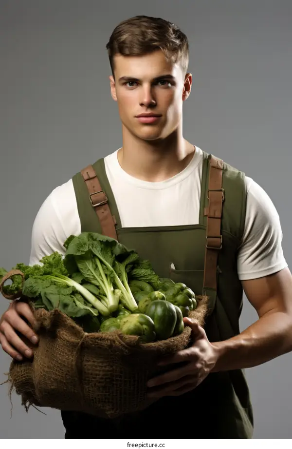 Young male farmer holding a basket of fresh vegetables