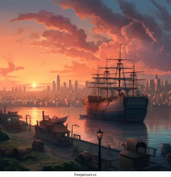 Vintage Ship Docked at Fantasy Cityscape Harbor Sunset