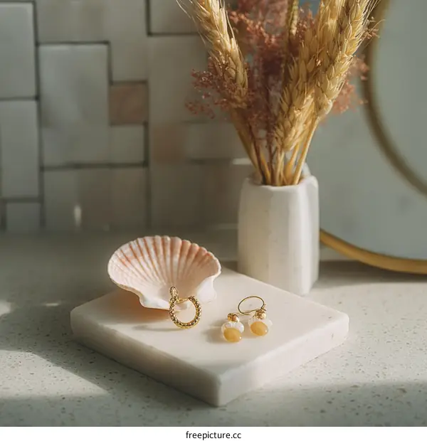 Elegant Jewelry Display on a Marble Tray with Seashell