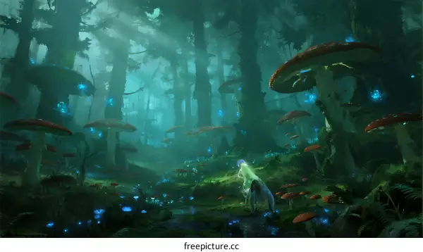 Enchanted Forest with Glowing Mushrooms and Mysterious Figure