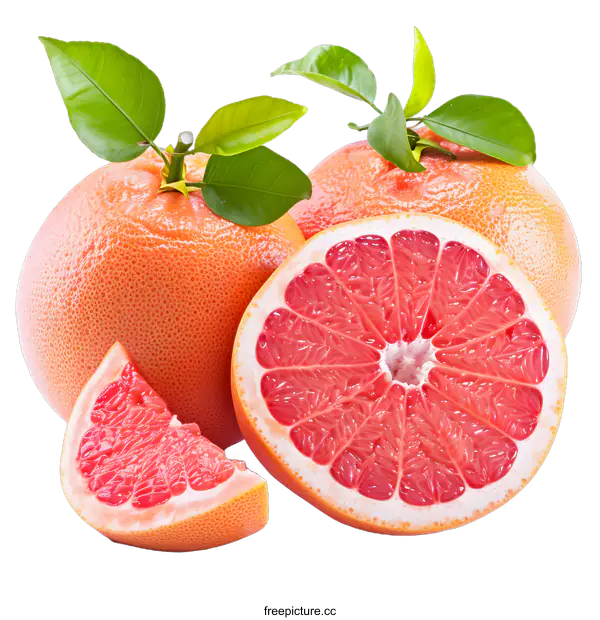 [Transparent Background PNG]Fresh Pink Grapefruit with Green Leaves on White Background