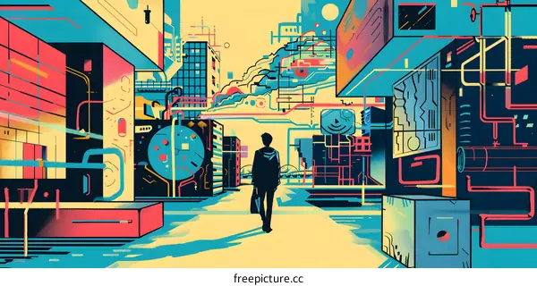 Abstract Cityscape With Man Walking Through Futuristic Design
