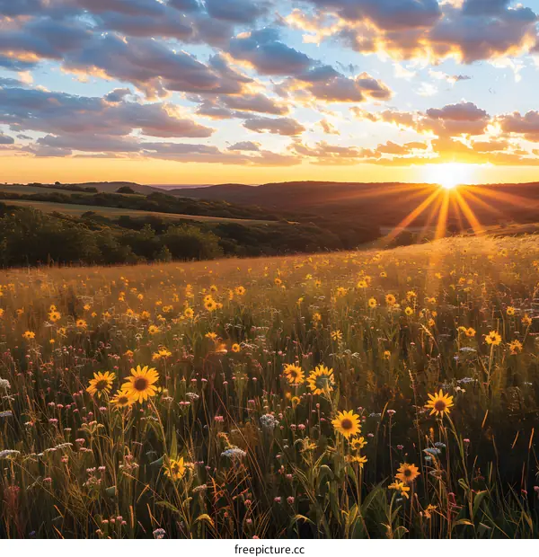 Field of sunflowers at sunset