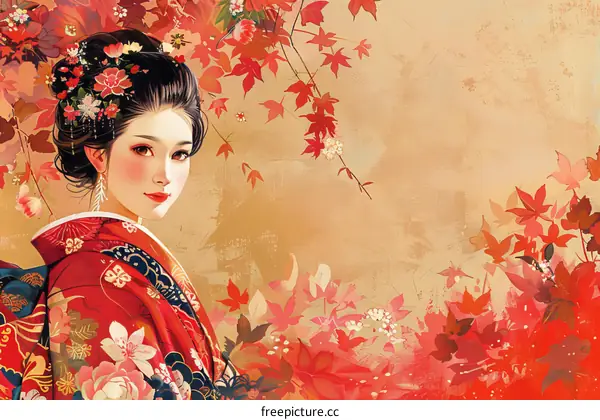 A beautiful Japanese woman in a red kimono standing in a field of red maple leaves.