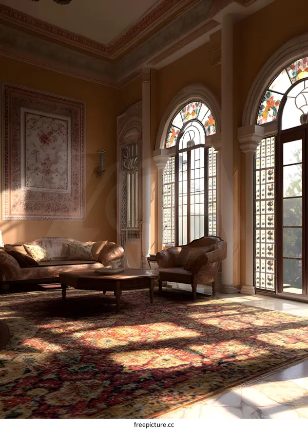 Luxury Living Room Interior Design with Stained Glass Windows