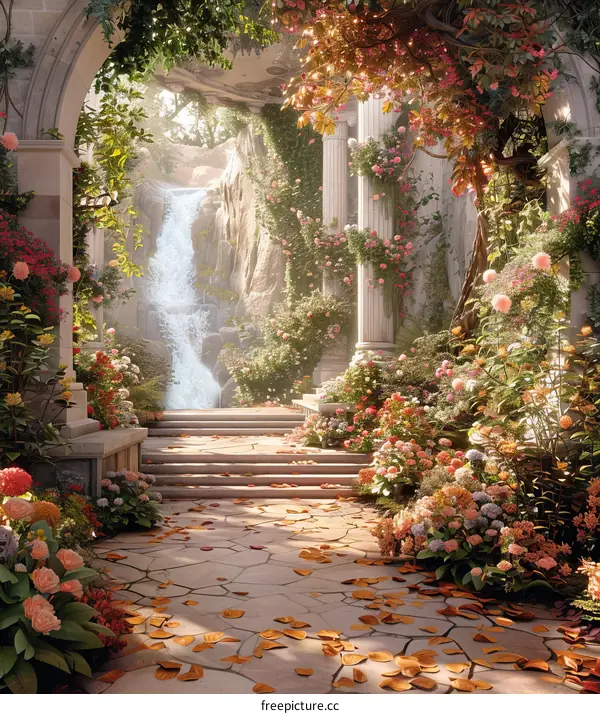 Fantasy Garden of Waterfalls and Flowers