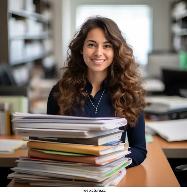 Smiling young woman sitting at a desk with a stack of files in front of her