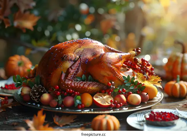 Thanksgiving dinner table with roasted turkey, pumpkins, and autumn leaves
