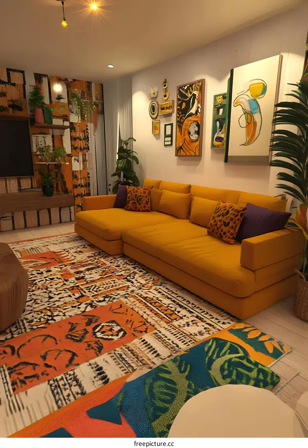Modern Living Room Interior Design With Yellow Sofa And Patterned Rug