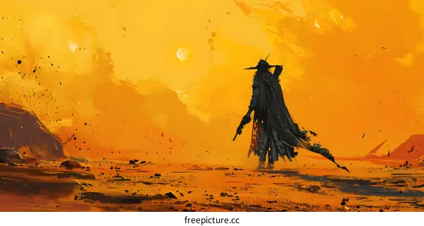 A lone cowboy stands in the desert, looking out over a vast, sandy landscape. The sky is a deep orange, and the sun is setting. The cowboy is wearing a hat and a long coat, and he is carrying a gun.